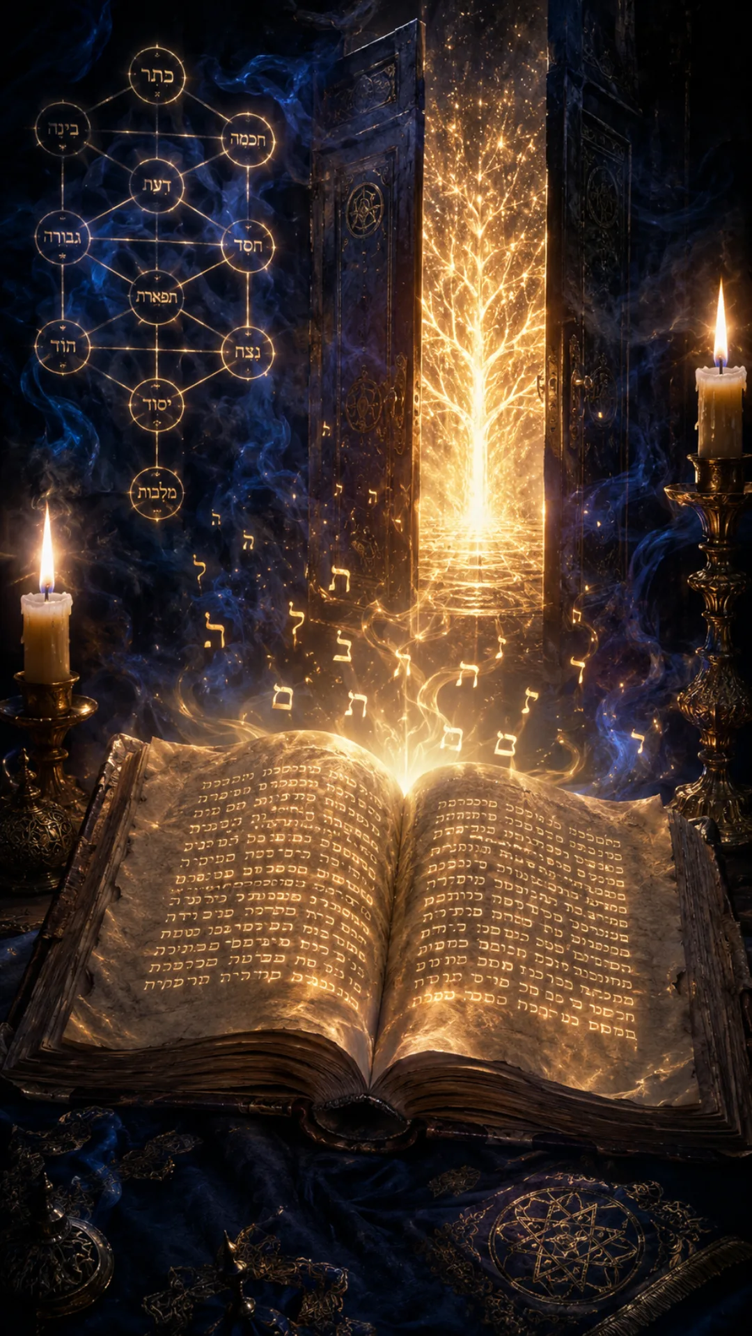 Раскрытая книга Зоар на пергаменте, золотые еврейские буквы будто дышат